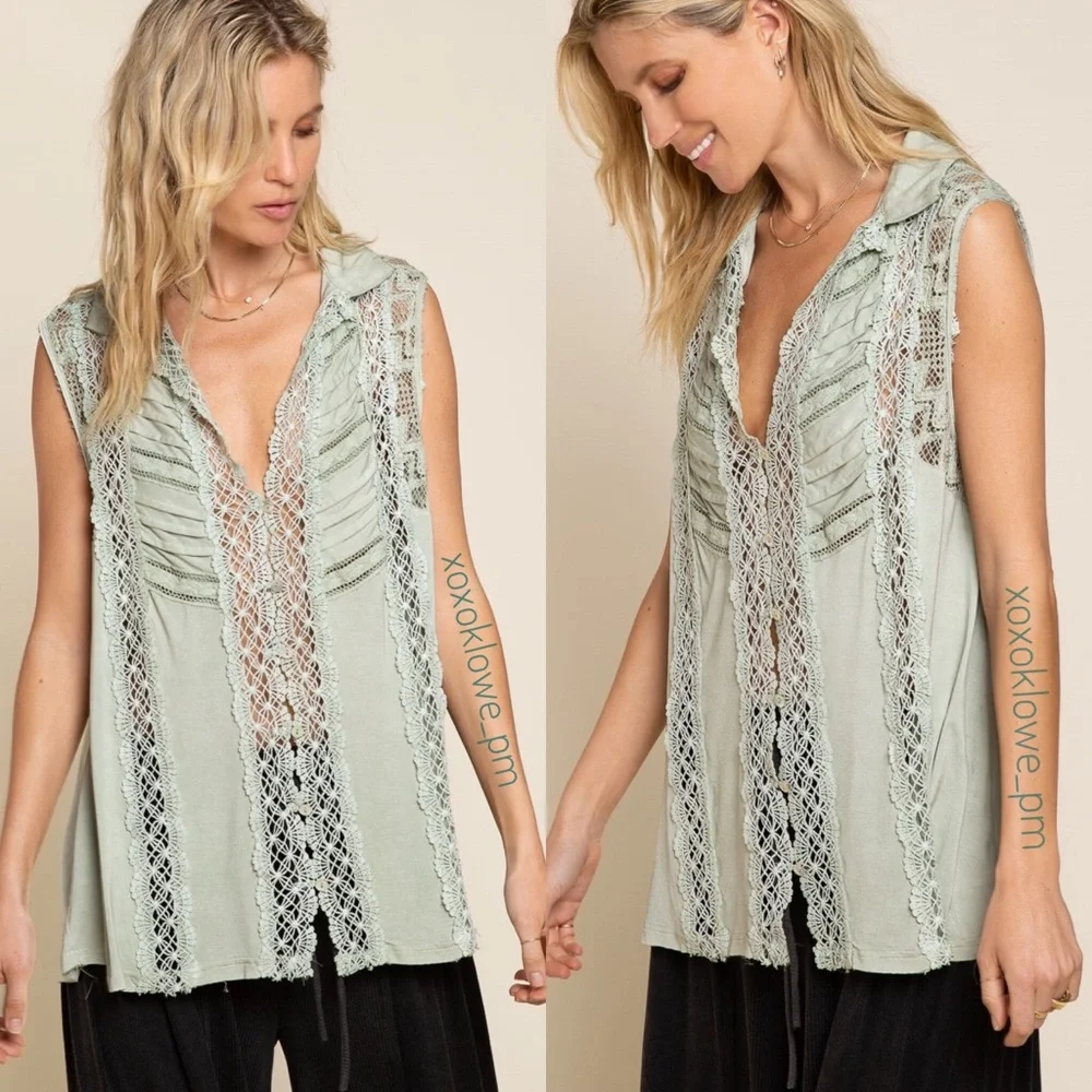 POL Green Pintuck Lace Button Down Top Sleeveless Relaxed Fit - Picture 3 of 11